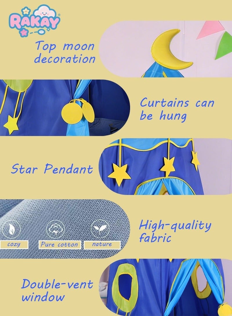 RAKAY Children's Play Tent Playhouse with Two Windows for Kids Indoor Tent, Top with Moon Decoration and Star Pendant,Toddler Toys for Boys and Girls, Bule, Portable Foldable Toddler Tent - Image 2